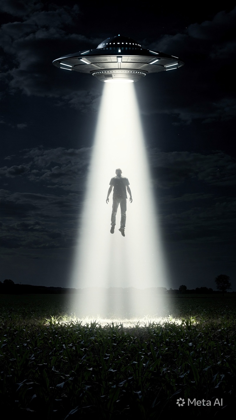 Ilustración de una silueta humana suspendida y envuelta en un haz de luz vertical proveniente de un cielo estrellado y cósmico
