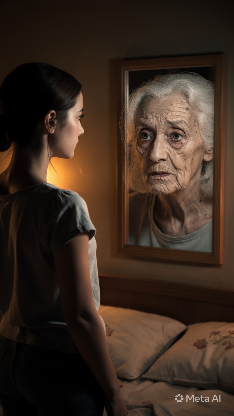 Ilustración conceptual de un rostro reflejado en un espejo de agua donde las líneas del tiempo se entrelazan con raíces doradas