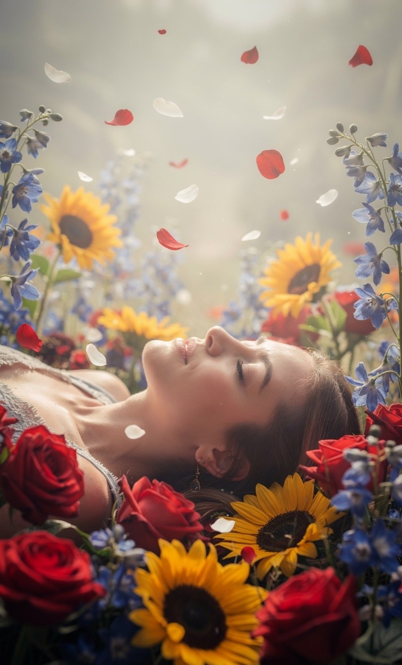 Ilustración de un jardín onírico con flores vibrantes emergiendo de la penumbra