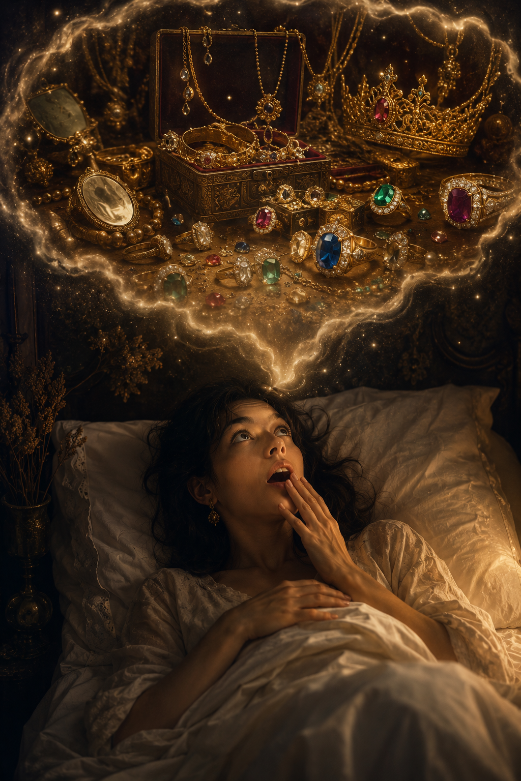 Ilustración mística de un anillo de oro ornamentado flotando sobre un fondo de constelaciones y geometría sagrada