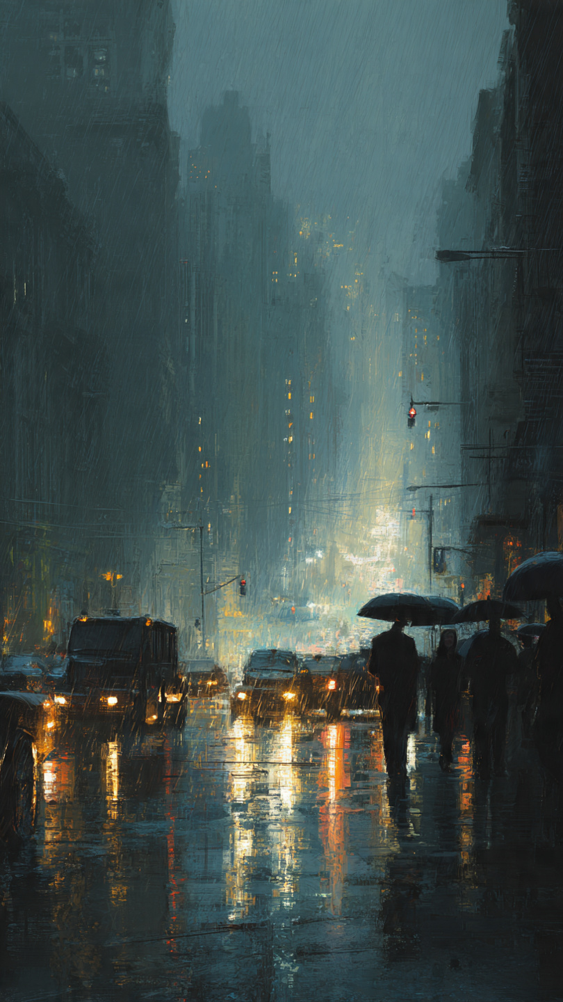 Ilustración de un paisaje bajo una lluvia suave y purificadora